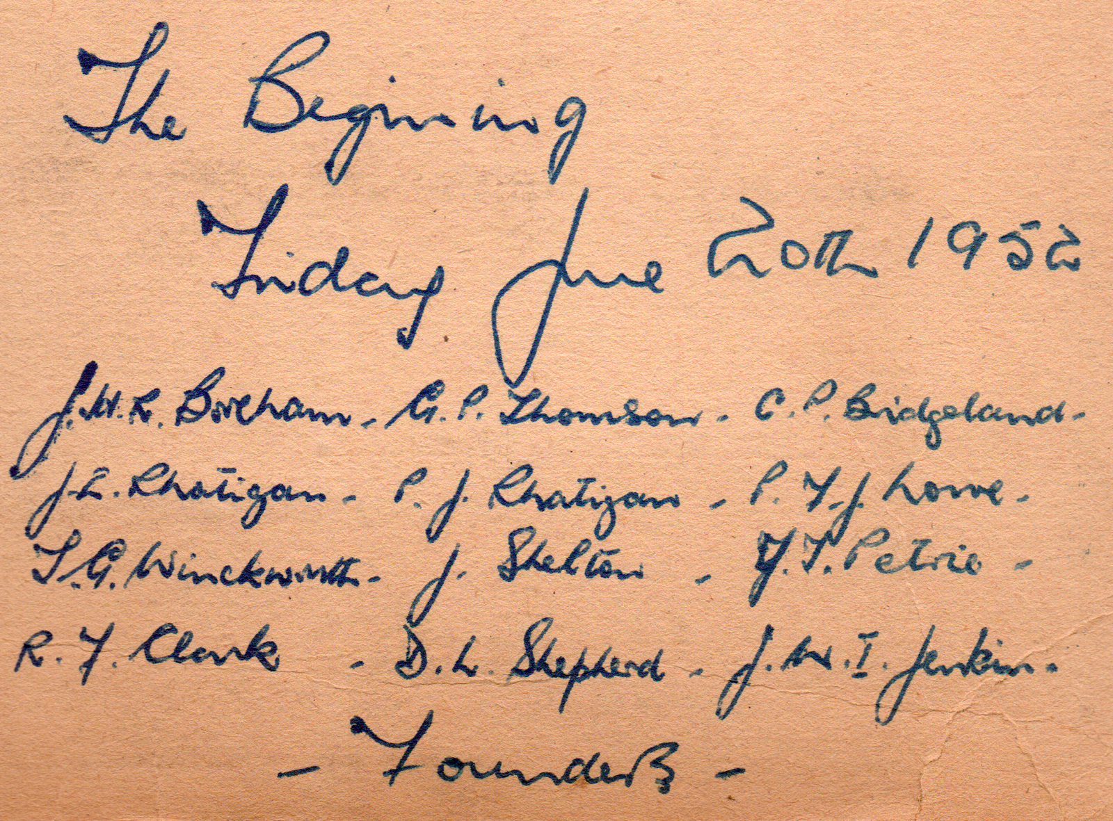 The handwritten note by a clearly proud Jonny Boreham from his scrapbook showing the founder memebrs of the Club