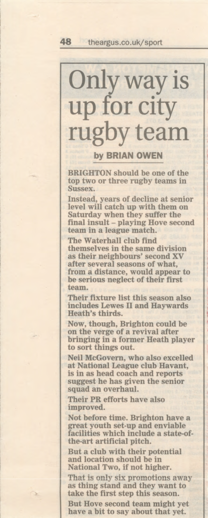 Newspaper clipping from The Argus of September 2008 regarding Hove IIs playing Brighton in Sussex 1